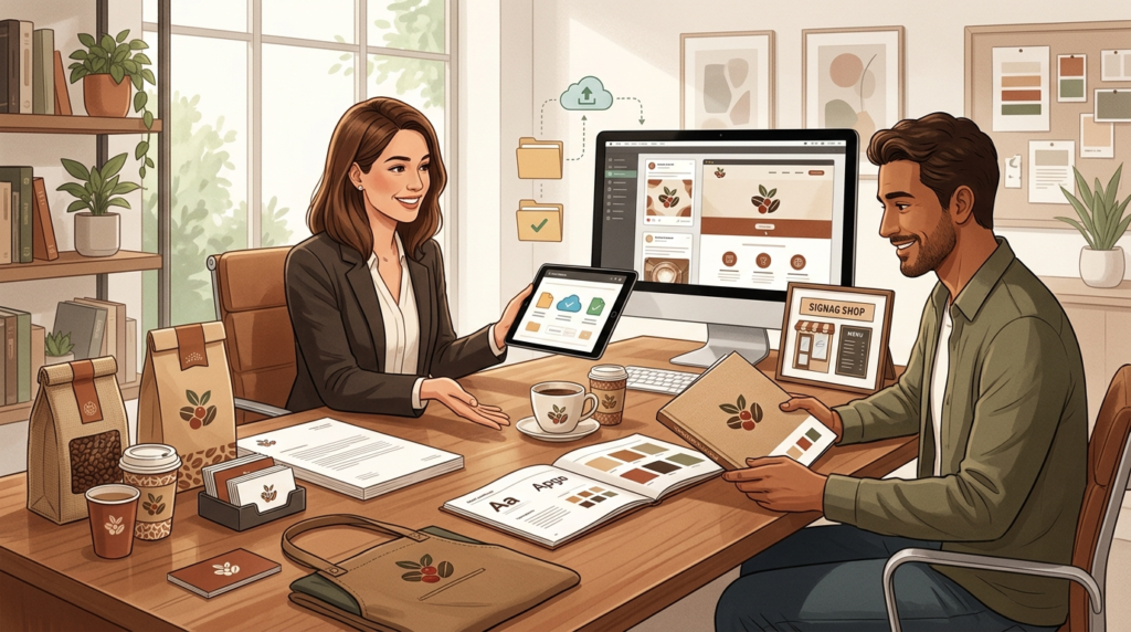 Designer delivering coffee shop - logo design company in USA