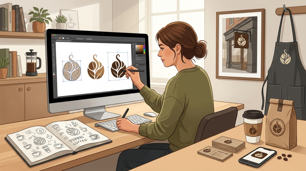 Logo designer refining coffee logo - professional logo designers